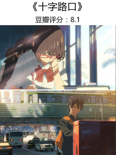 #补番#【新海诚高分动漫电影】文艺，清新，虐心，如果你很久没有感动了，可以来试试[悲伤]
星之声 8.4
她和她的猫 8.1
言叶之庭 8.2
秒速五厘米 8.4
十字路口 8.1
某人的目光 8.3
追逐繁星的孩子 7.3
云的彼端 约定的地方 7.9
你的名字 8.6