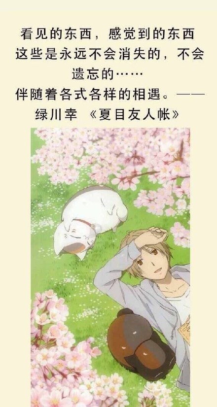 静静的夏目友人帐#话语#，这应该是这部番最最大的两点了吧
无论怎么思念也有些东西无法企及，那么忘了就好
看见的东西，感觉到的东西，这些是永远不会消失的，不会遗忘，的伴随着各式各样的相遇[悲伤]