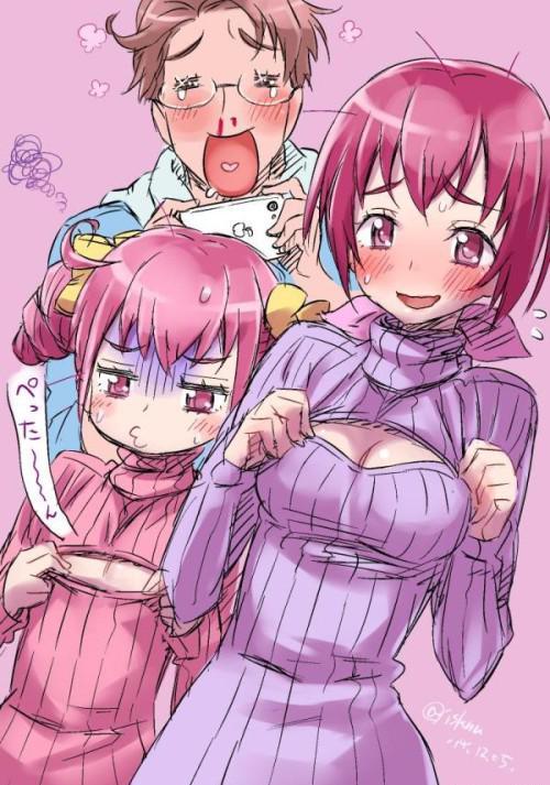 被玩坏了的开胸衫，二次元妹子穿上萌萌哒；波涛胸涌的妹子自不必说，没有胸的妹子也可以拿膝盖修饰。但是最后乱入的是什么东东，除了抠脚大汉外，连外星异形都有，画面太美也是醉了…