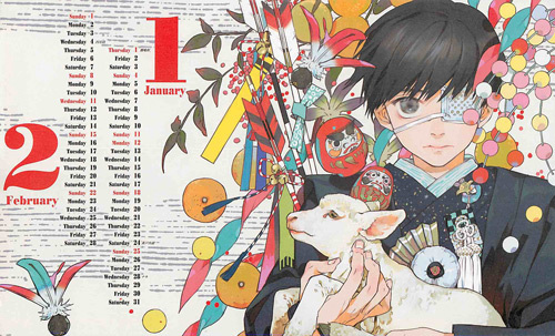 《东京食尸鬼》2015年官方年历，最后是不是预示着金木和雾岛董香的大完满结局呀！！！[嘻嘻] 大图打包下载摸这里：http://pan.baidu.com/s/1hqIMXyW
