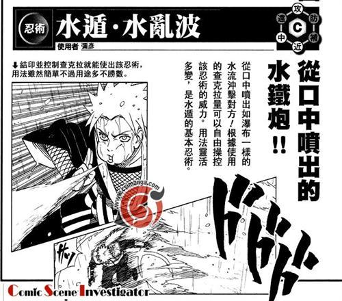 #水遁#水乱波--从口中喷出像瀑布一样的水流，冲击对方，根据使用的查克拉量可以自由操控该忍术的威力。是水遁的基本忍术。主要使用者为弥彦，后来弥彦成为了佩恩中的天道，所以佩恩也能使用这个术，等级C。