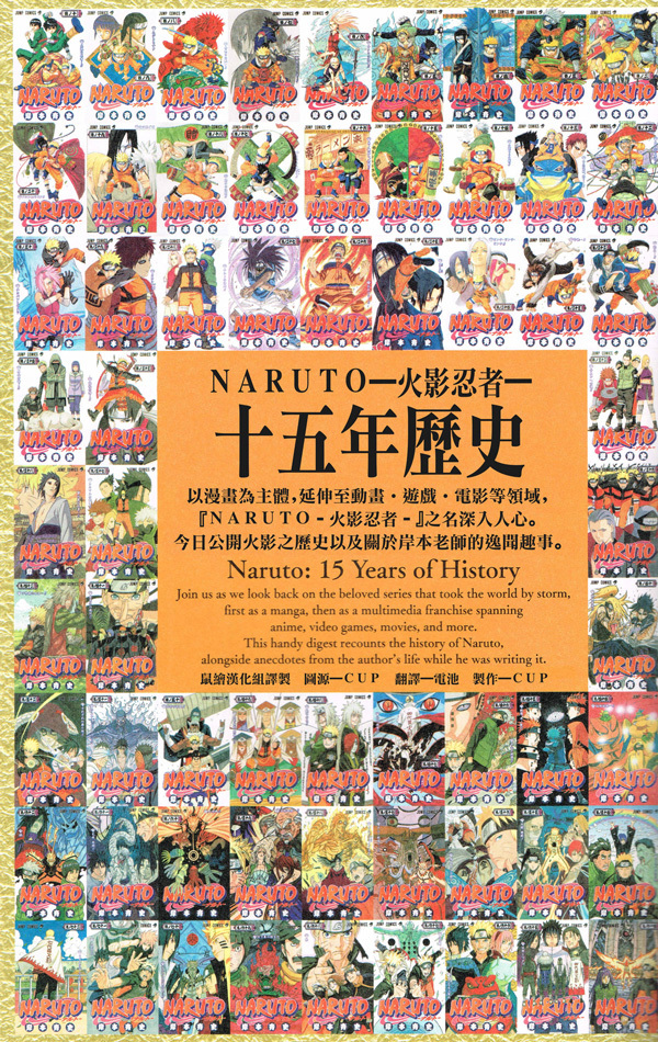 火影忍者十五年历史
还是怀念以前那种斗智斗勇的战斗，而不是最后相互甩大招的挂壁模式啊。。。。。不过火影依旧是青春，再怎么烂尾也是！[男神]