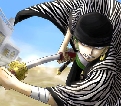 绿色头发，冷酷眼神，左耳三个耳环，手臂缠着黑手帕，腰间绿肚兜，这个身佩三把刀默默站在一旁的男人，就是海贼猎人——罗罗诺亚·索隆。他有着不输给草帽路飞的超强实力！刀一出鞘，寒光四溢，让所有人都不由自主地为之颤抖！他绝对是最值得信任的人！这就是罗罗诺亚·索隆，钢铁一样的男人。