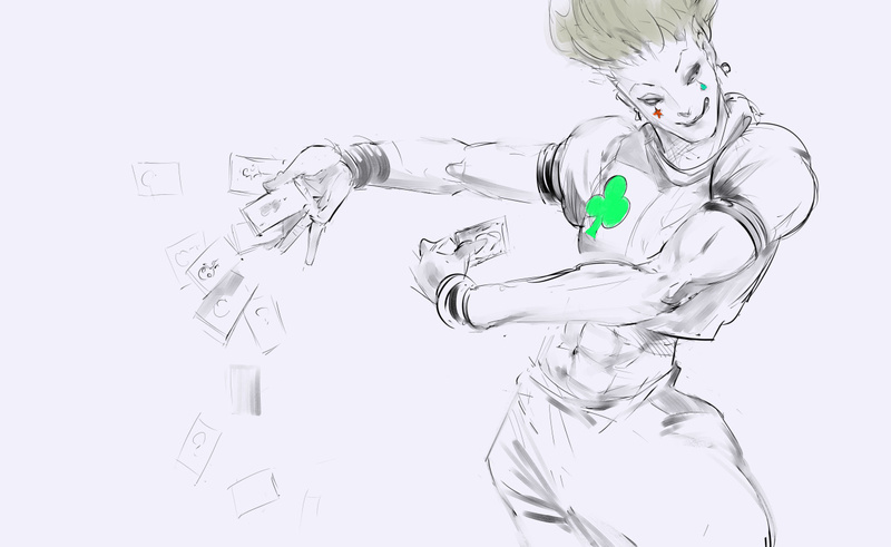 #东京食尸鬼# 东京食尸鬼作者石田先生昨晚画的两张手稿，一张是全职猎人的西索，还有一张没认出来，有人认识么？第三张是之前YJ杂志海报的手稿。