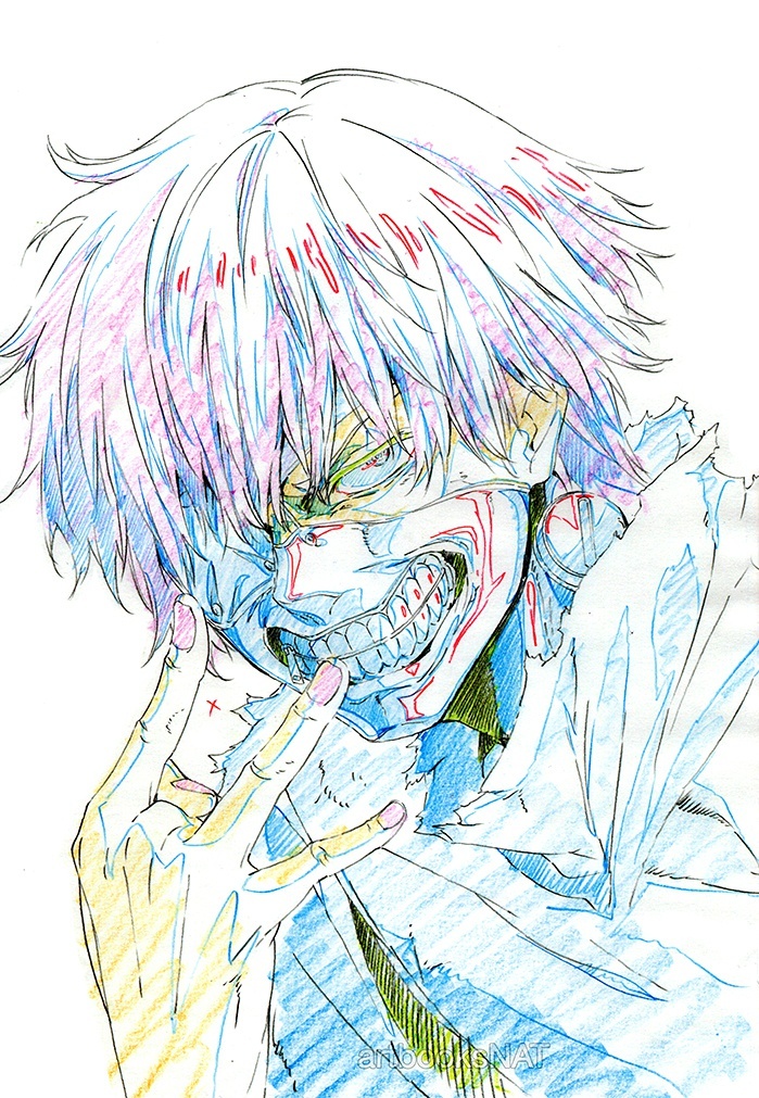 #东京食尸鬼# 东京食尸鬼的动画人设：三轮和宏（ Kazuhiro Miwa ）在C87放出的东京食尸鬼第二季部分原画手稿。