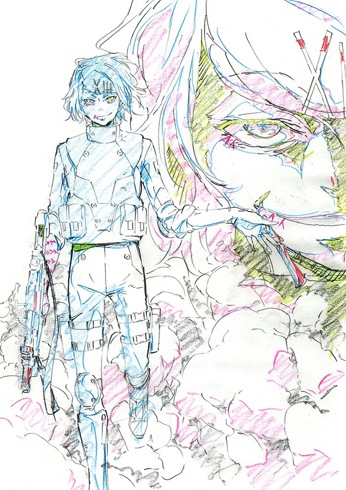 #东京食尸鬼# 东京食尸鬼的动画人设：三轮和宏（ Kazuhiro Miwa ）在C87放出的东京食尸鬼第二季部分原画手稿。