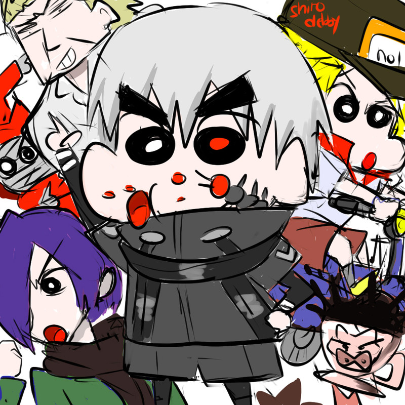 #东京食尸鬼# 汤不热画师shirodebby根据蜡笔小新人设画的。突然想到蜡笔小新每天回家都会说：“你回来了”。真希望这句话能从金木嘴里说出。