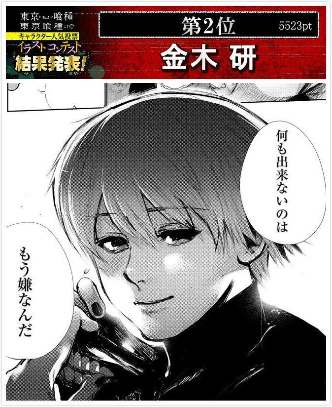 #东京食尸鬼# 官方之前的一个人气投票结果。第一名：雾岛董香；第二名：金木研；第三名：佐佐木琲世；第四名：永近英良；第五名：月山习；第六名：铃屋什造；第七名：有马贵将；第八名：呗（诗）；第九名：亚门钢太郎；第十名：平子丈。之后的排名件图9。结果还算满意嘛？