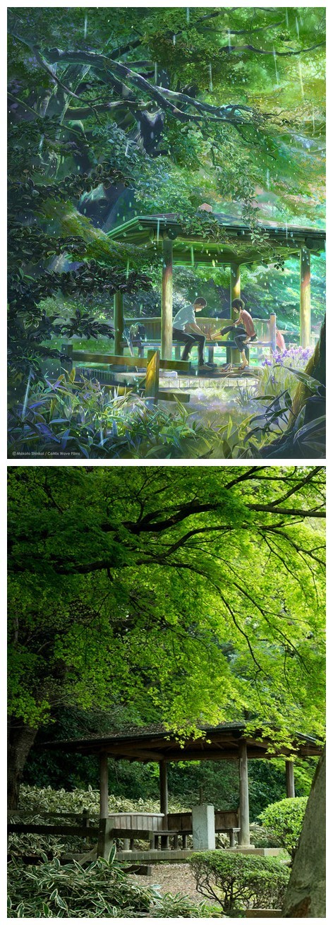 画美风景更美，二次元三次元完美的令人心悸，有没有成为画中人的冲动^_^---出自新海诚的动画【言叶之庭】