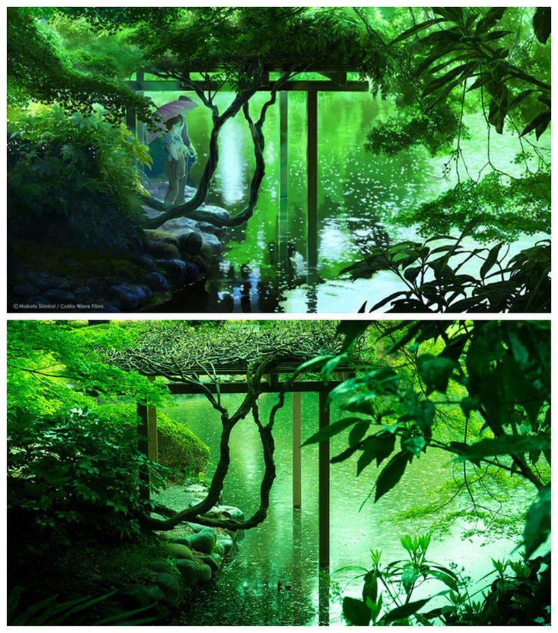 画美风景更美，二次元三次元完美的令人心悸，有没有成为画中人的冲动^_^---出自新海诚的动画【言叶之庭】