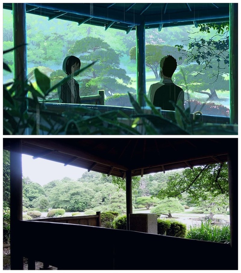 画美风景更美，二次元三次元完美的令人心悸，有没有成为画中人的冲动^_^---出自新海诚的动画【言叶之庭】