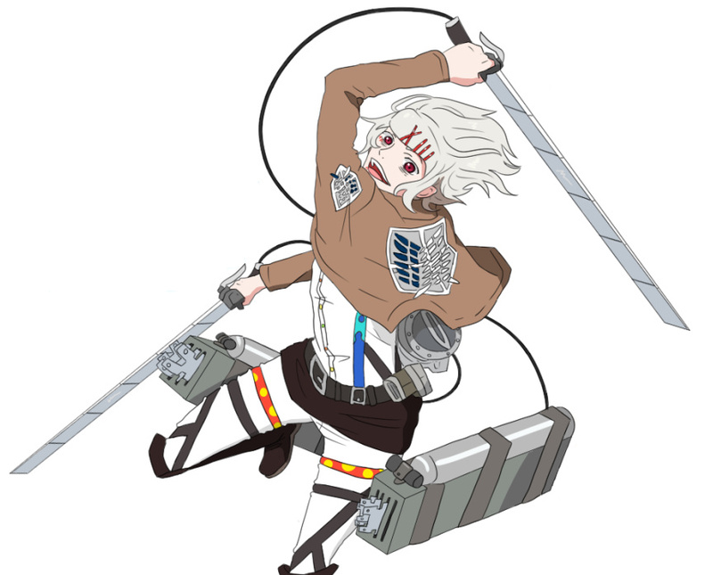 东京食尸鬼铃屋什造版进击的巨人，第一张神似艾伦，第二张好像三笠呀，小心后颈哟^_^