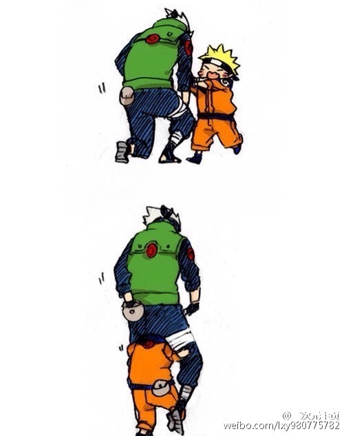 好暖好萌的师徒[嘻嘻]
还记得鸣人打完长门回来累趴快倒下的时候，卡卡西森森闪现，将路飞背起，说了一句：你变重了。。