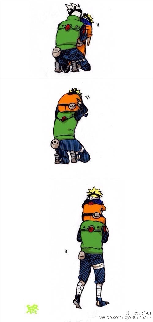 好暖好萌的师徒[嘻嘻]
还记得鸣人打完长门回来累趴快倒下的时候，卡卡西森森闪现，将路飞背起，说了一句：你变重了。。