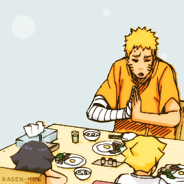 以前鸣人一个人，没有人煮饭给他吃，所以他总是只吃泡面，喝过期牛奶，而且从不吃蔬菜。如今有了个家，有人叫他起床，有丰盛的营养早餐，最重要的是还有家人陪着，热热闹闹。真好