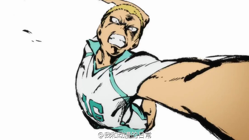 卧槽！#排球少年#TV动画第二季再次出现用毛笔作画的瞬间。就是大家练字用的毛笔，居然完美地融入到了日本动漫里。这一段动画的原画师是中国人！！