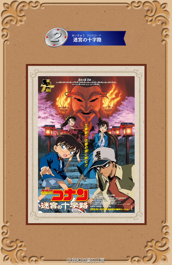 名侦探柯南官方剧场版动画投票。第九：天空的遇难船；第八：业火的向日葵；第七：世纪末的魔术师；第六：通往天国的倒计时；第五：异次元的狙击手；第四：引爆摩天楼；第三：瞳孔中的暗杀者；第二：迷宫的十字路口；第一：贝克街的亡灵。你心目中的第一名是哪部？最终结果3月16日公布。