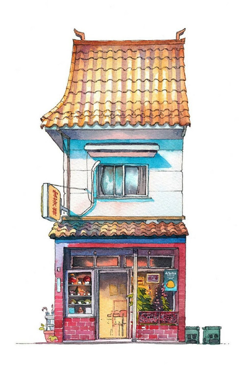 大师笔下的水彩街景画，很温馨的画风[嘻嘻]