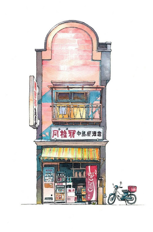 大师笔下的水彩街景画，很温馨的画风[嘻嘻]
