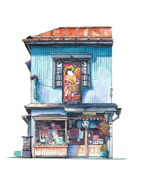 大师笔下的水彩街景画，很温馨的画风[嘻嘻]