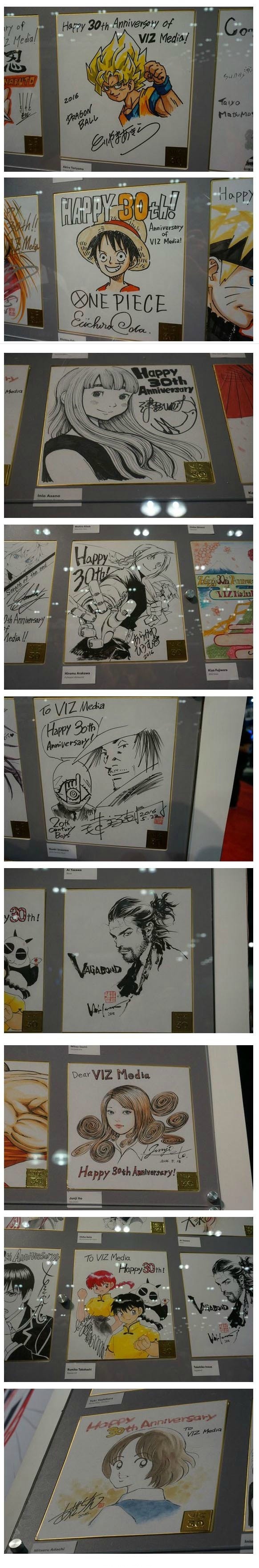 VIZ Media 30周年各作家贺图。岸本齐史、久保带人、尾田荣一郎、矢泽爱、星野桂、荒川弘、林田球、鸟山明、井上雄彦、浦泽直树等一大波作者所绘制的贺图。