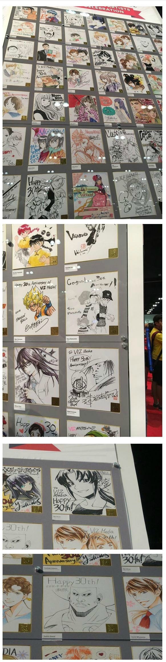 VIZ Media 30周年各作家贺图。岸本齐史、久保带人、尾田荣一郎、矢泽爱、星野桂、荒川弘、林田球、鸟山明、井上雄彦、浦泽直树等一大波作者所绘制的贺图。