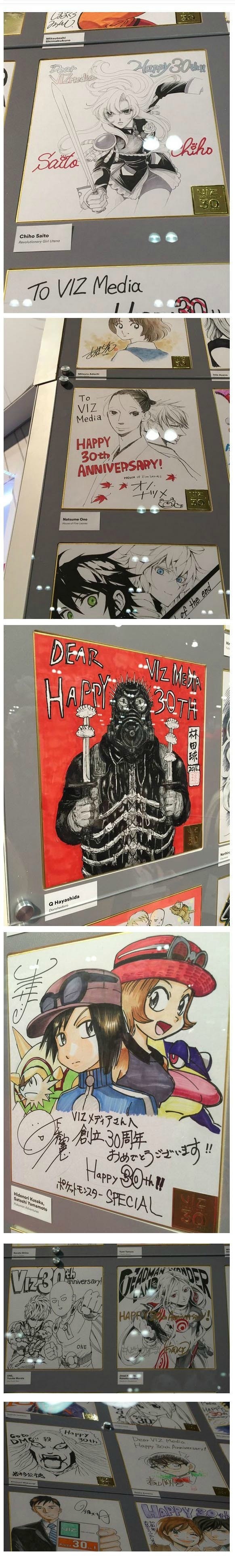 VIZ Media 30周年各作家贺图。岸本齐史、久保带人、尾田荣一郎、矢泽爱、星野桂、荒川弘、林田球、鸟山明、井上雄彦、浦泽直树等一大波作者所绘制的贺图。