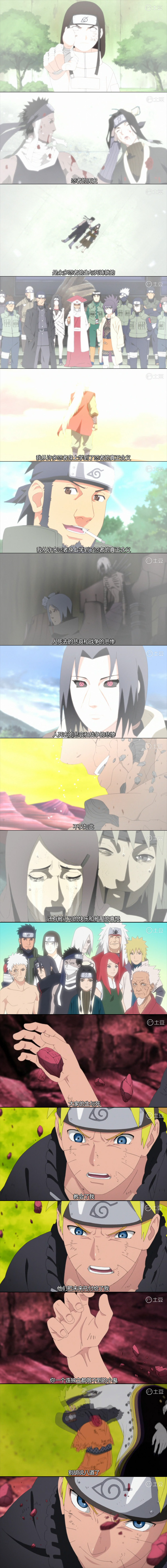 忍者的历史，是众多忍者的生与死铸就的，我从许多忍者身上学到了忍者的真正含义，人死去的悲哀和战争的悲惨，不仅如此，还有被认可的快乐和被爱的喜悦，大家的生与死教会了我，他们把未来托付给了我，你一个连独立都做不到的小鬼，就别胡说八道了！！
火影#话语#